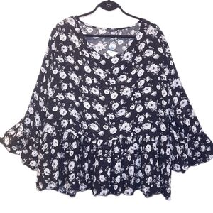 💙GEORGE Floral Peplum Blouse Long Bell Flare Sleeves Ruffled Plus Size Top